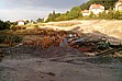 větší obrázek: Pohled z místa kácení směrem východním. V popředí zbytky plechového přístřešku. Sluníčko svítí na rovnou uhlazenou plochu, pod kterou se skrývají buldozerem rozhrnuté skleníky a další navežený odpadní materiál a suť.
