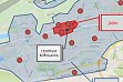 větší obrázek: Mapka oblasti průzkumu. Kolik lidí bylo dotazováno v červeném "jádru" a kolik v modrém okolí jsme původně jen odhadovali, ze schůzky v MindBridge vyplynulo, že v jádru bylo dotazováno 200 lidí (ze 700 do jádra zahrnutých) a v okolí odpovídalo lidí 750 (ze 44.300 tam žijících).